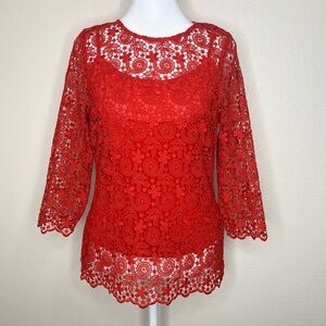 MNG Collection Red Floral Embroidered Lace 3/4 Sleeve Blouse Top  Sz 4
